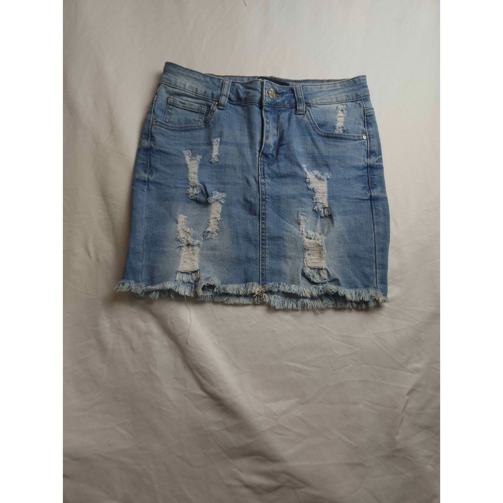 Wax Jean Mini Skirt Womens Small Light Blue Denim Distressed Fringe Hem‎ Casual